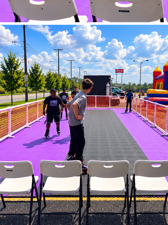 Skaters on the Roller Zone mobile rink at an outdoor event