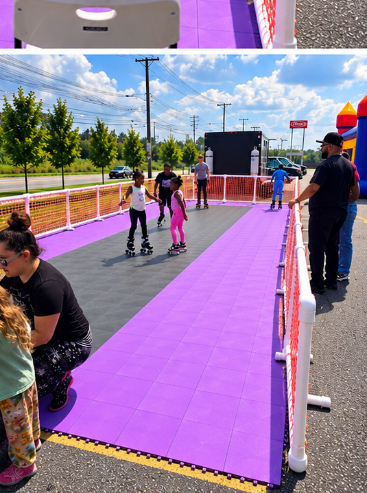 Skaters on the Roller Zone mobile rink at an outdoor community event