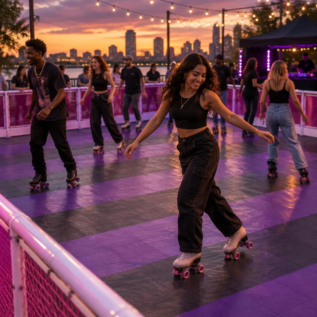 Guests skating on the Roller Zone mobile rink at a lively event