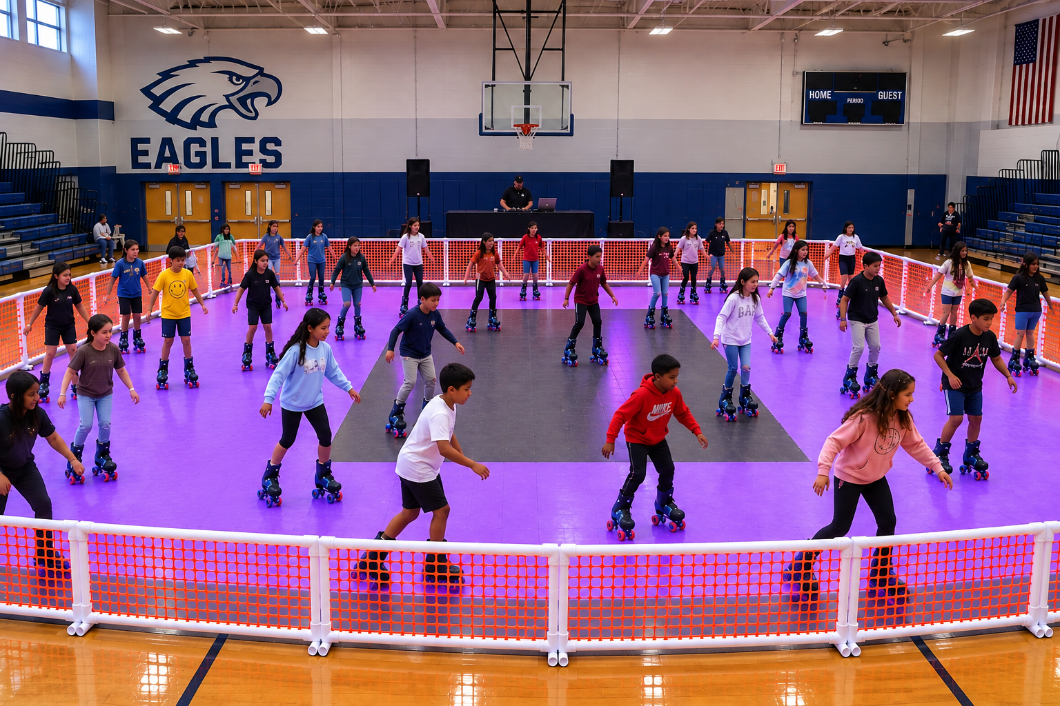Kids roller skating on a Roller Zone mobile rink at a school event