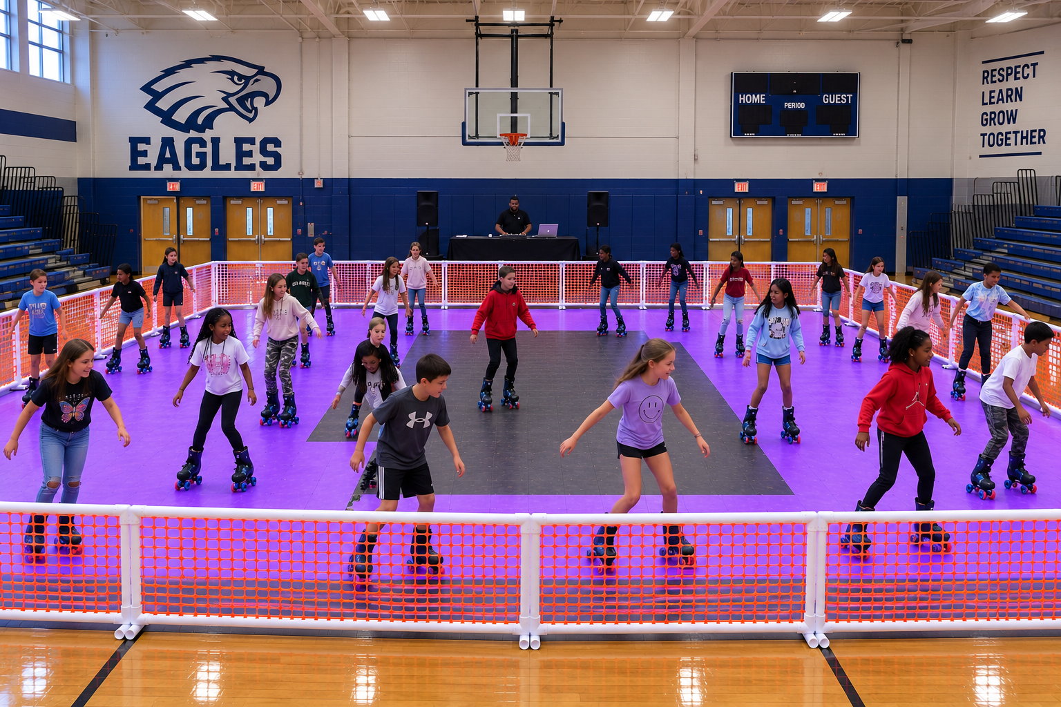 Children skating on the Roller Zone mobile rink inside a school gymnasium