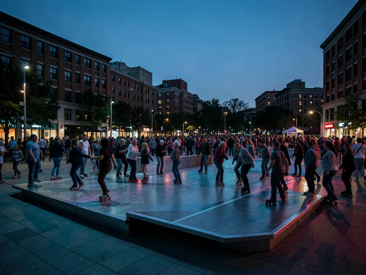 A community gathered for an outdoor skating experience