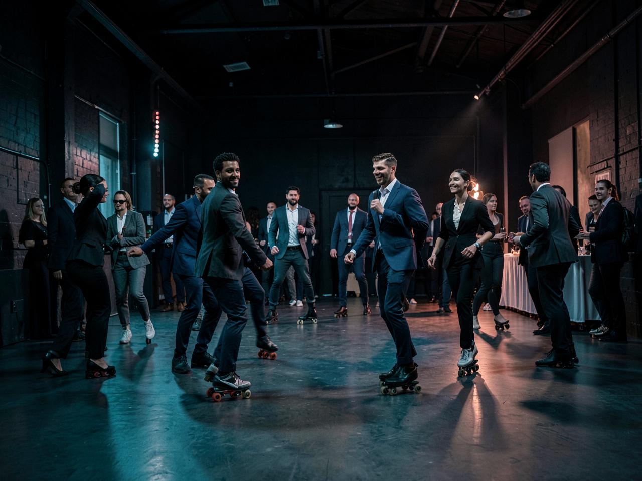 Corporate guests at a roller skating event